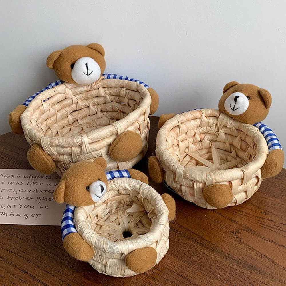3pcs Straw Woven Baskets for Organizing,Cute Bear Storage Basket