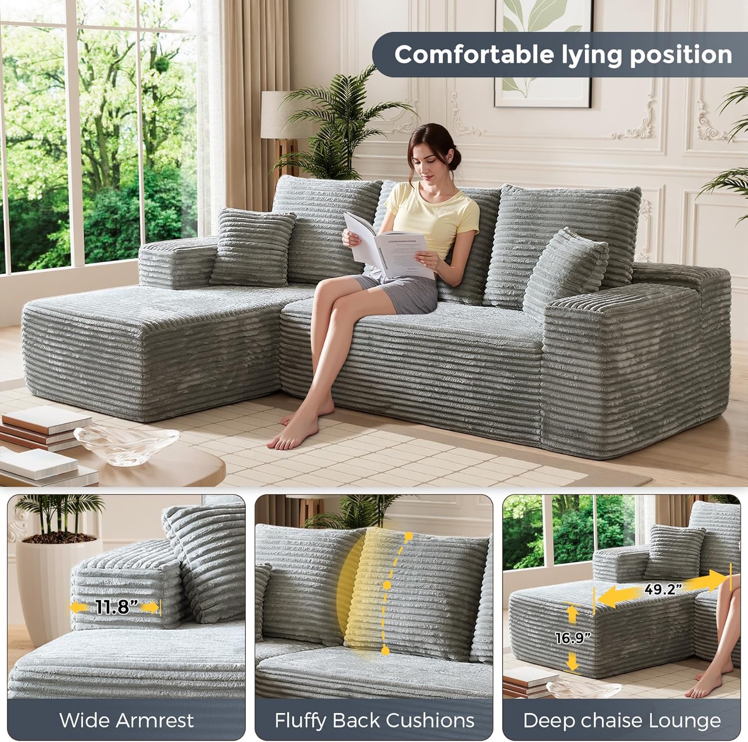 AENKYO Modular Sectional Couch with L-Shape Chaise — Modern Living Room Sofa, Gray, Left-Facing, No Assembly