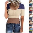 thumbnail image 3 of Lovskoo Ribbed Summer Tops for Women 2024 Casual Color Block Knit Basic Tops Slim Short Sleeve Crewneck Tight Shirts Button Up Tee Blouse Navy M, 3 of 3