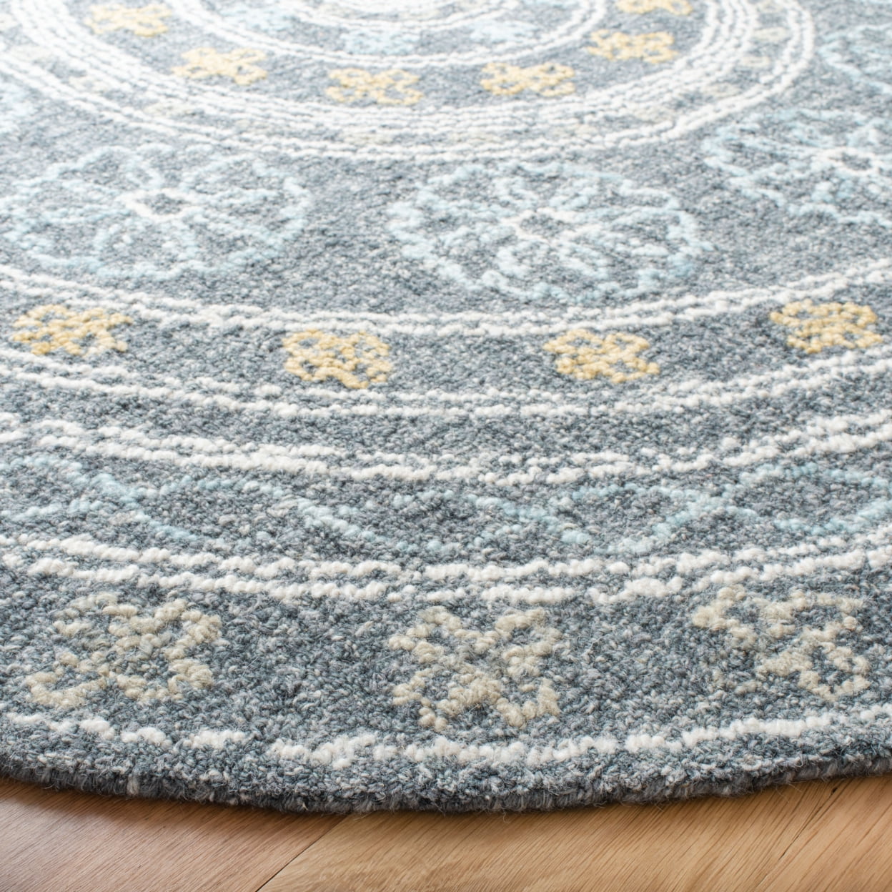 SAFAVIEH Blossom Mendoza Damask Area Rug, Charcoal/Yellow, 6' x 6' Round