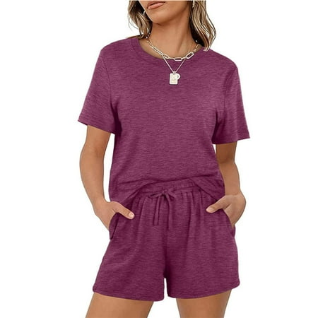 GZWYHT Lounge Sets for Women Comfy Sets for Women Clothing Womens Two Outfits Solid Color Tops Blouse T Shirt Shorts Set With Pockets Two Piece Sets for Women Two Piece Sets for Women Summer Purple XL