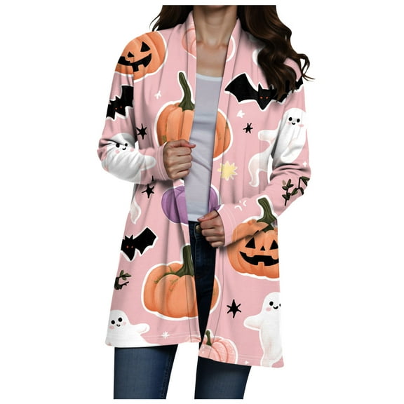 Hessimy Women's Lightweight Halloween Cardigans Casual Loose Long Sleeve Vintage Fall Cardigan Jackets(Pink,XL)