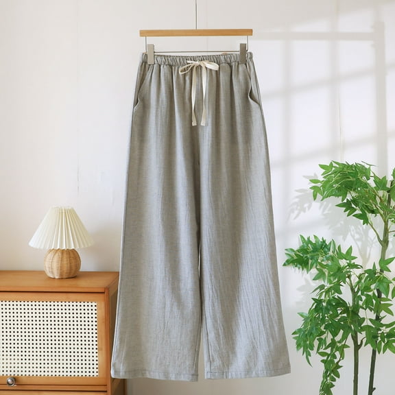 Mens Cotton Linen Pajama Pants with Pockets and Drawstring Elastic Waist Straight Wide Leg Lightweight Solid Color Homewear Pajamas Pant Trousers