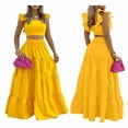 thumbnail image 3 of Women'S 2 Piece Outfits Spaghetti Strap Crop Top and Smocked Waist Ruffle Swing Long Skirt Set Yellow XXXL, 3 of 6