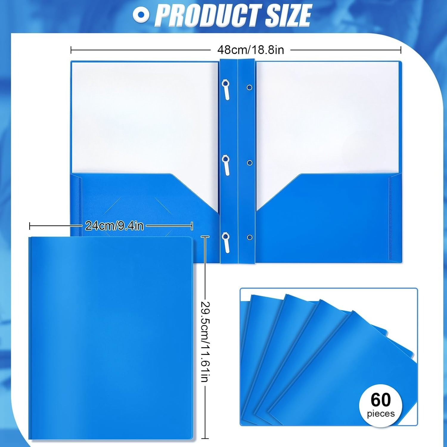 60 plastic folders with pockets and inserts, plastic folders with 2 pockets, (blue)