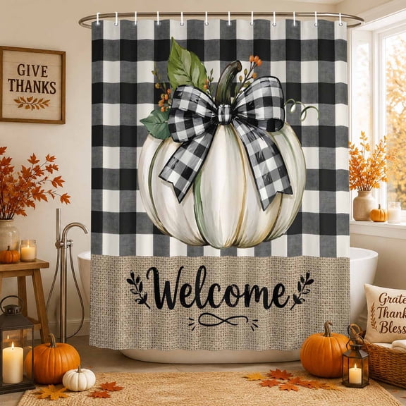Thanksgiving Shower Curtains for Bathroom, Fall White Pumpkin Leaves Black Plaid Waterproof Fabric Shower Curtain, Decorative Bathroom Curtain for Bathtub, 36"x72", No Hooks Included