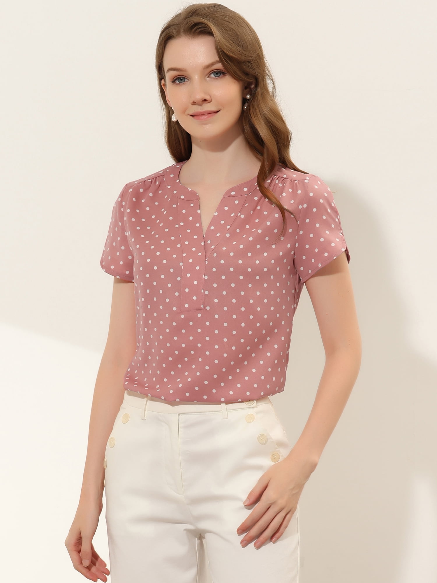 DARING DIVA V Neck Dots Printed Work Office Blouse Top L Pink