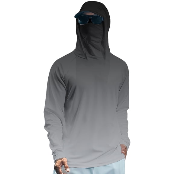 UPF 50 Gradient Color Long Sleeve Men Hoodie with Face Mask Sun Protection Hooded Fishing Shirt Quick Dry Sun Shirt Summer Clothes Light Gray S