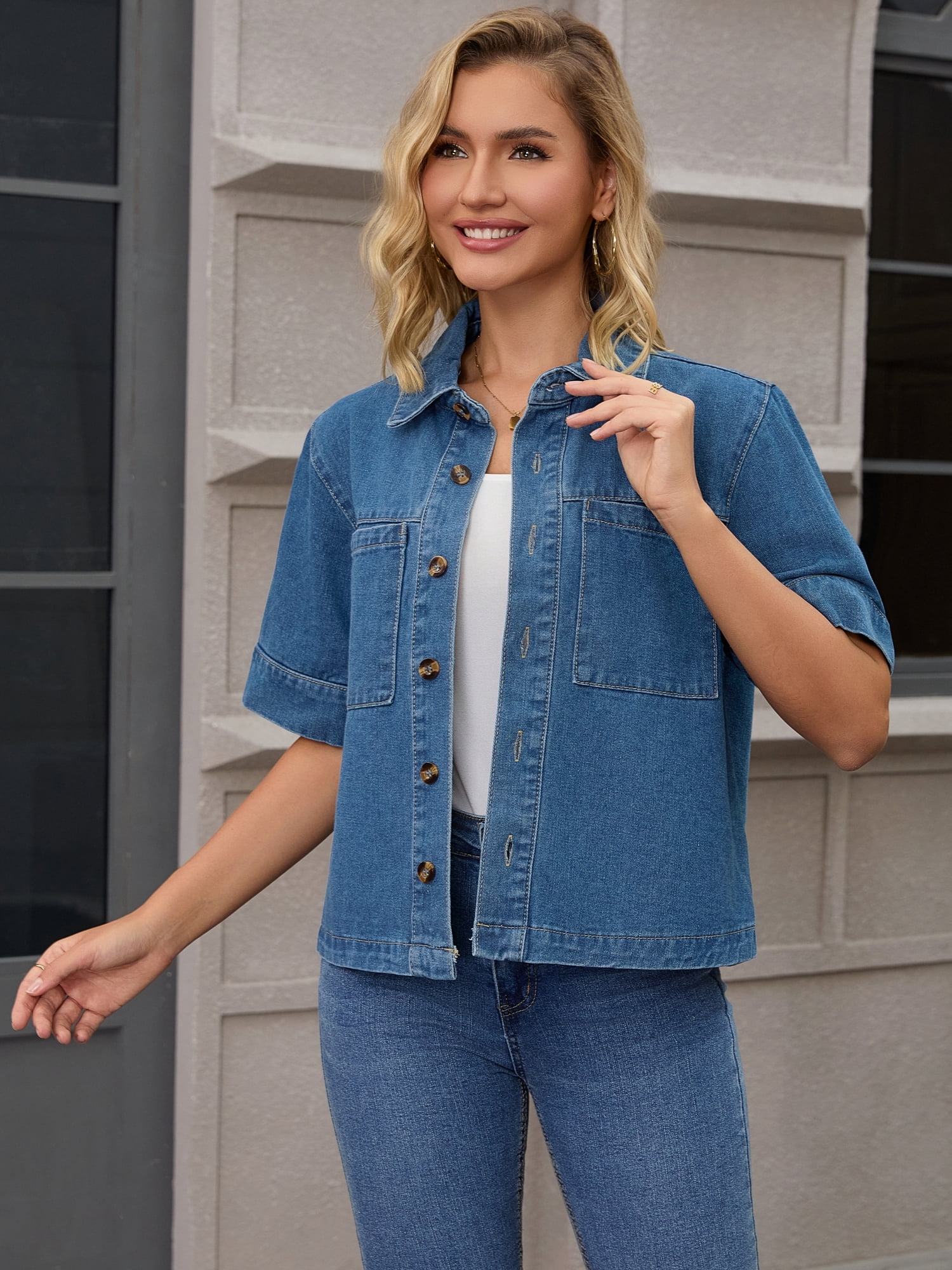 DARING DIVA Women's Short Sleeve Button Down Boxy Shirt Tops Jean Jacket XL Blue