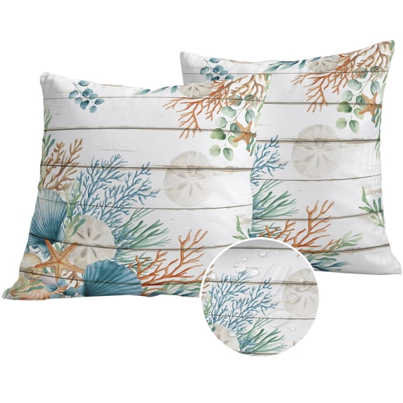 Beach Coastal Outdoor Pillow Covers 16x16 Set of 2,Waterproof Patio Throw Pillowcase Protectors,Summer Nautical Coral Shell Botanical Vintage Decorative Pillow Shams Cushion Covers for Seat Bed Couch