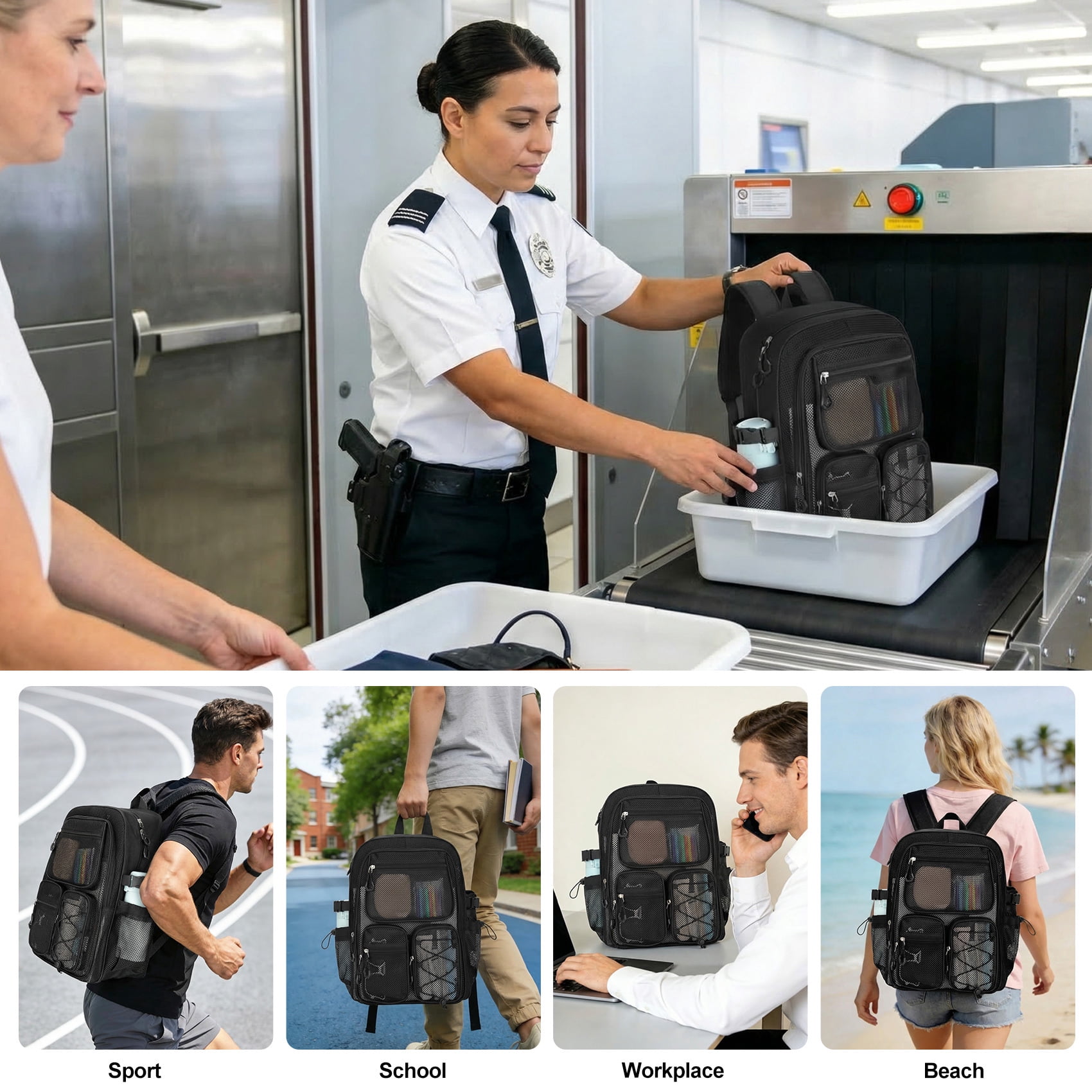 KOITHOT Mesh Backpack Heavy Duty, Stadium Approved Multi-Pocket Beach Backpacks for Adults, See Through Transparent Mesh Bookbag for School & Travel(Black)