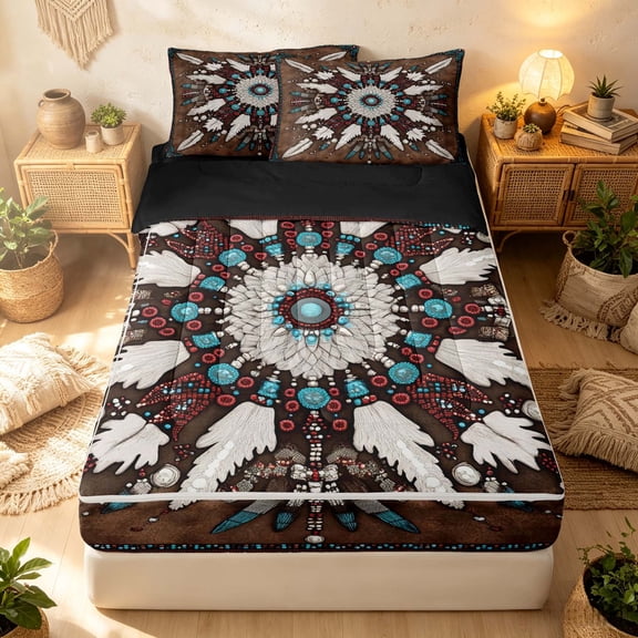 Erosebridal Vintage Mandala Zipper Twin Comforter Sets with Fitted Sheet and 2 Pillowcases, Traditional Feather Zipper Bedding Set, Rust Turquoise, Black Reversible