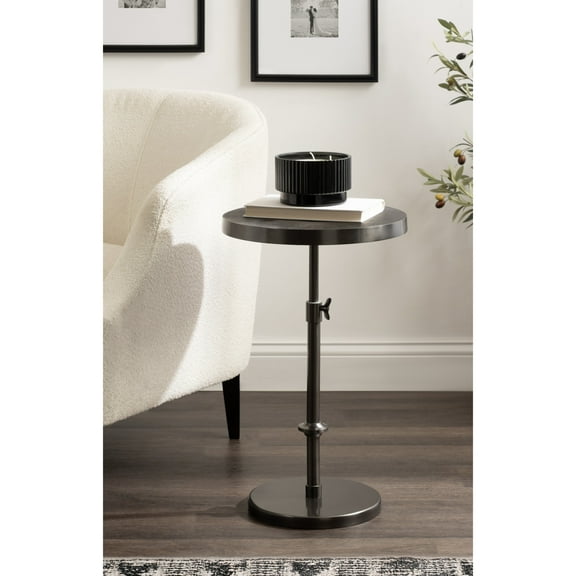 Kate and Laurel Engles Traditional Adjustable-Height Pedestal Side Table, 14 x 14 x 30, Antique Gunmetal, Vintage Round Indoor Metal Plant Stand with Embossed Pattern for Use as Bedroom Nightstand