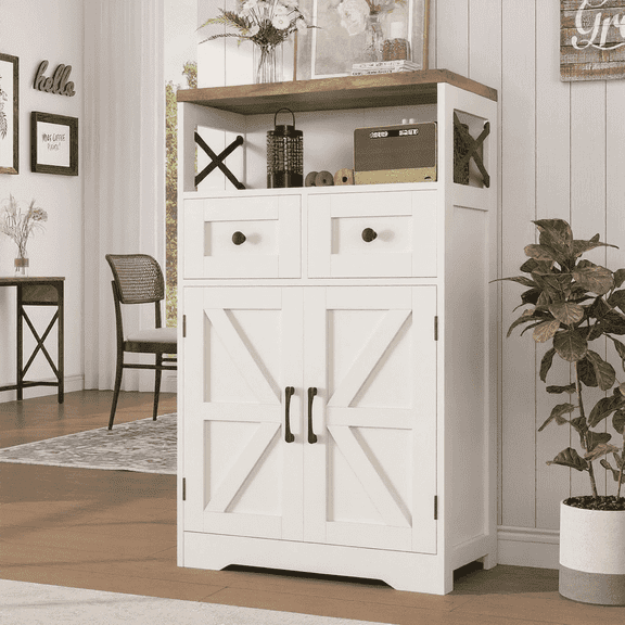 Farmhouse Storage Cabinet with Doors and Drawers,43" Freestanding Kitchen Pantry Cabinet Sideboard, White