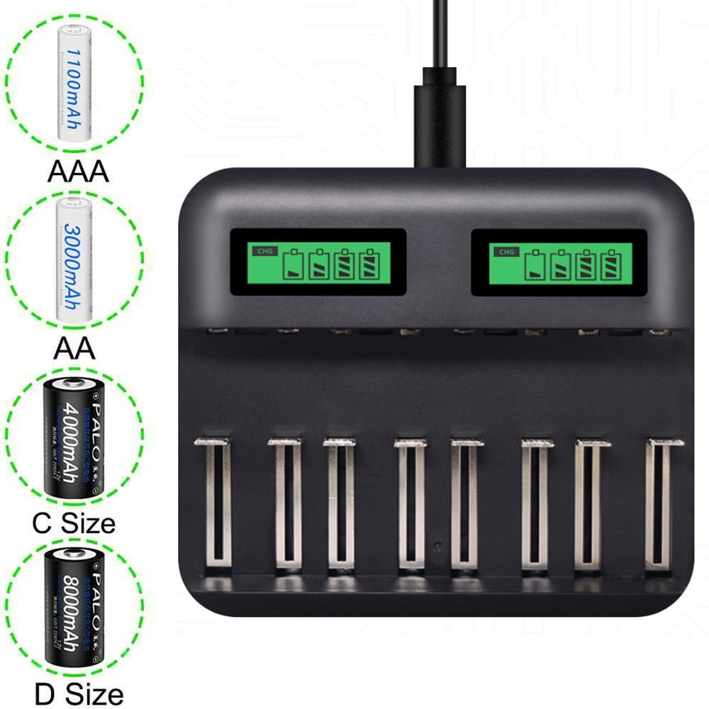 8 Slot LCD Smart Rechargeable C D Size Battery Charger for Ni-MH Ni-Cd A AA AAA 