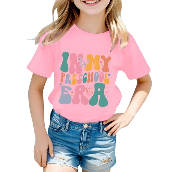 Girls Tshirts Letter Print Crew Neck Short Sleeve Tee for Everyday Wear Girls' Tops Tees Blouses Pink 1 Years-2 Years
