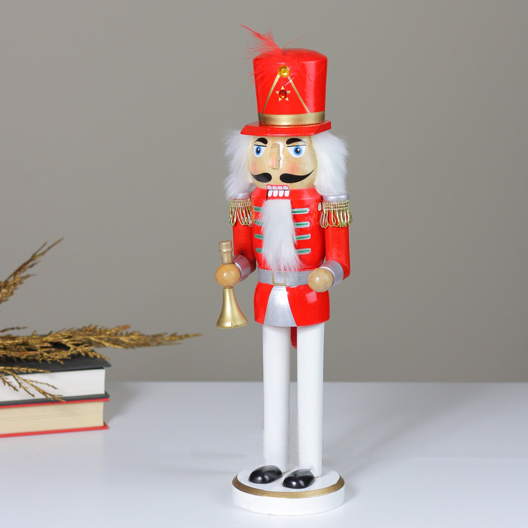 14" Decorative Red Silver and Gold Wooden Christmas Nutcracker with Horn