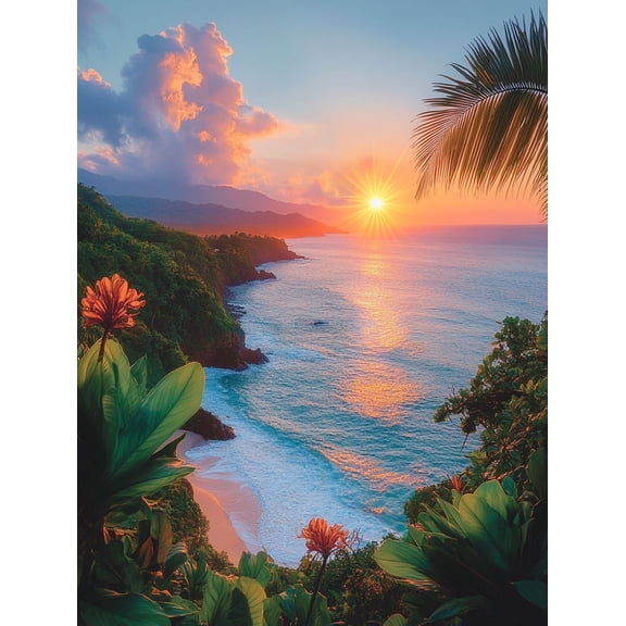 Tropical Sunset Ocean Beach Canvas Print Wall Art, Perfect for Living Room, Bathroom, Office, and Hotel Decoration.