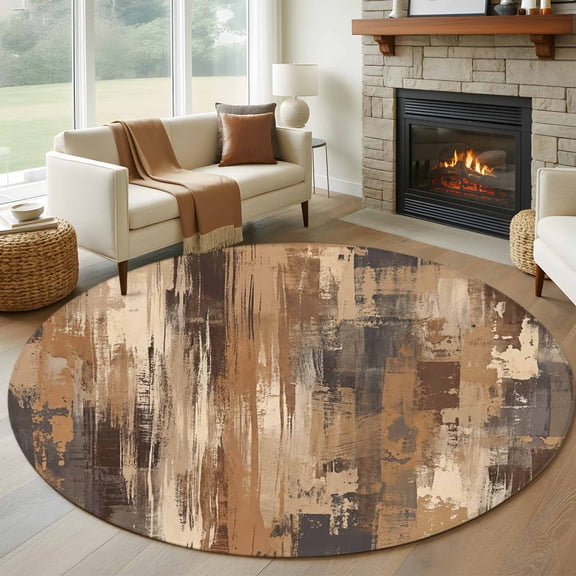 Brown Abstract Round Area Rug 6Ft Washable Circle Rugs for Bathroom Office, Vintage Geometric Gradient Oil Painting Modern Non-Slip Carpet Floor Mats Indoor Outdoor Carpet Runner Aesthetic Home Decor