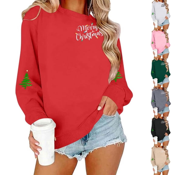 Miqool Merry Christmas Sweatshirt for Women Long Sleeve Crewneck Pullover Tops Loose Fit Casual Holiday
