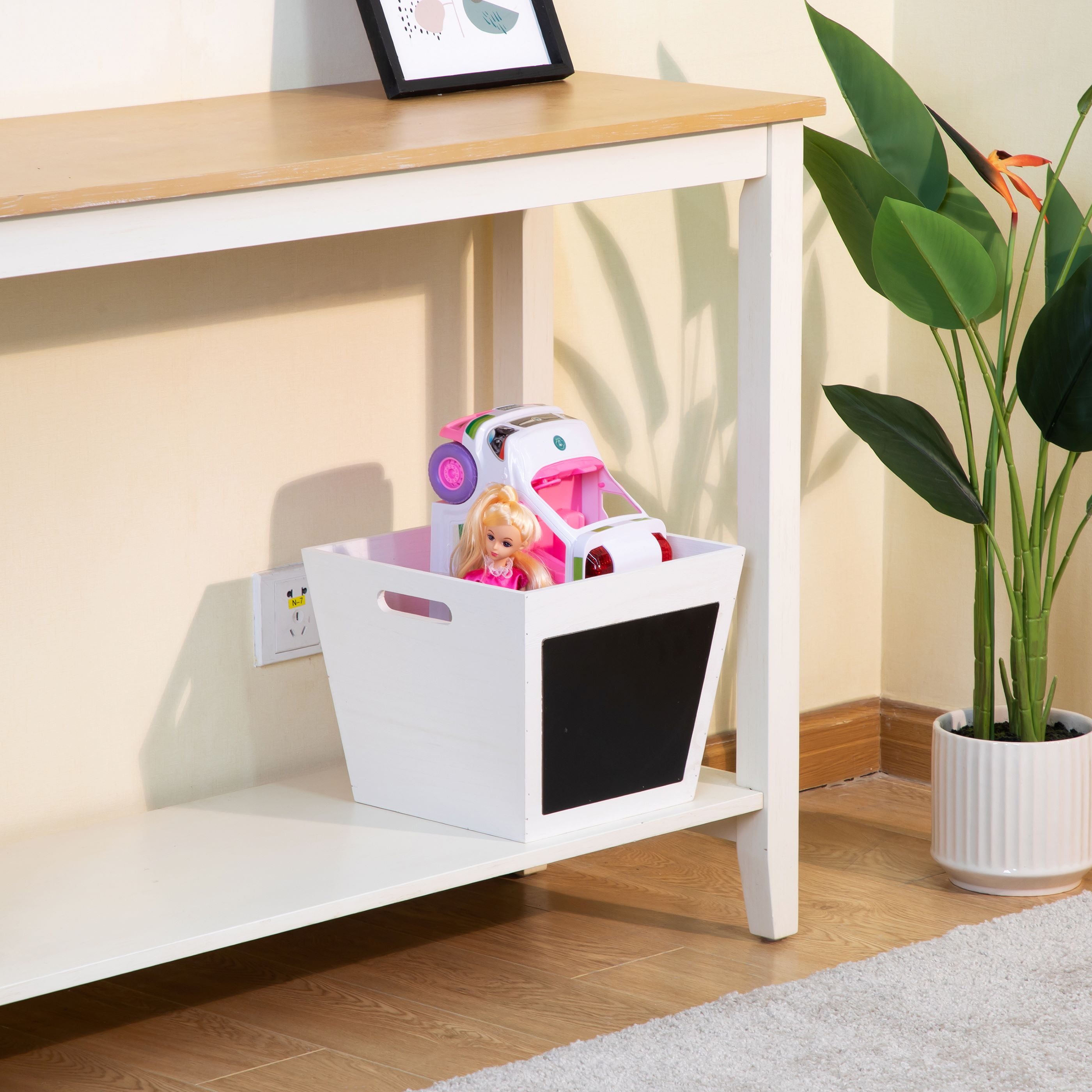 Your Zone Kids White Wood Storage Bin with Chalk Board Label and Cutout Handles, 11 in x 11 in x 9 in