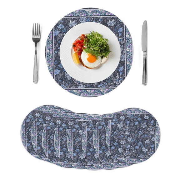 Navy Blue Floral Boho Round 13 Inch Placemats Set of 8, Ethnic Tribe Abstract Art Flower HeatResistant Non Slip Place Mats for Dining Table, Wipeable Braided Kitchen Table Mats for Housewarming