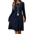thumbnail image 3 of Women'S Casual Sweater Dress Crew Neck Knit Long Sleeve Dress A-Line Knee Length Fall Winter Dress Dark Blue M, 3 of 7