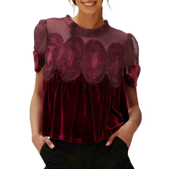 Women'S Velvet Lace Blouse Casual Round Neck Flared Tops Elegant Loose Short Sleeve Holiday Party Velour Top Solid Shirts Fashion Outfits 2025