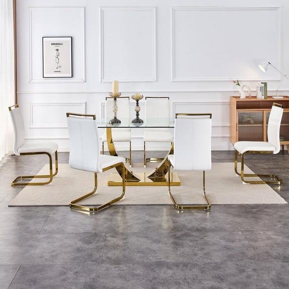 TesNus 63" Glass Dining Table Set for 6, Rectangular Tempered Glass Table with Gold U-Shaped Base and 6 PU Leather Chairs for Dining Room