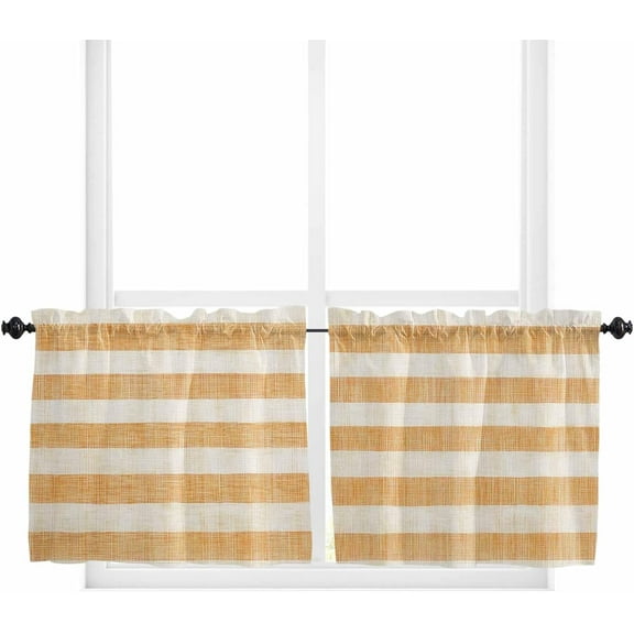 Orange Stripes Kitchen Curtain 36 Inch Length Small Short Cafe Tiers Curtains Drape, Vintage Farmhouse Linen Styles Boho Window Treatment Rod Pocket Drapery Panels Curtains, 27.5x36