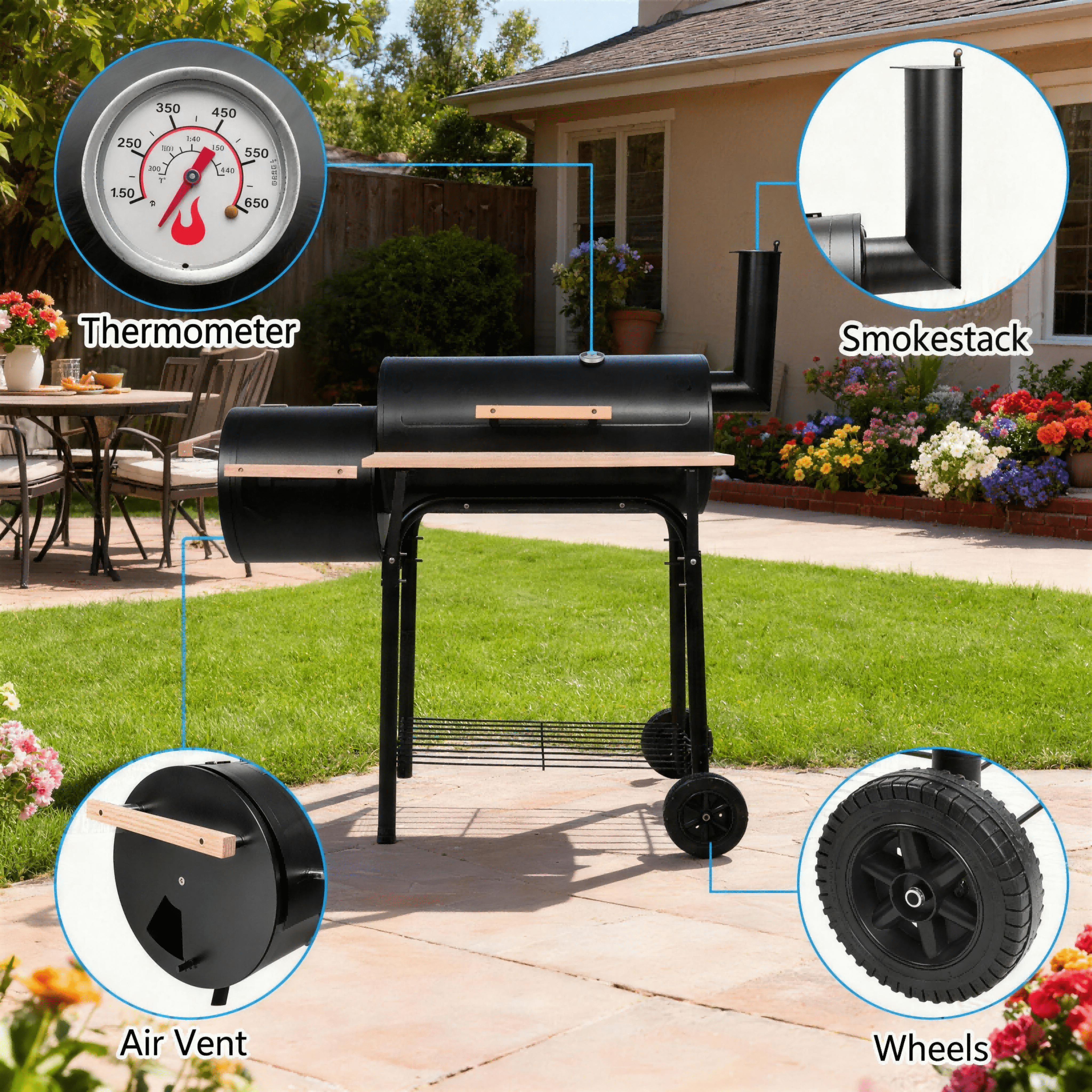 LODZPK Portable Charcoal BBQ Grill, Thermometer & Large Space for Camping Picnic Black