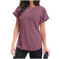 thumbnail image 3 of Aueoeo Women's Solid Color Stretchy Pit Striped Tops Casual Short Sleeve Round Neck Tees for Summer and Active (S–Xxl),Purple,M, 3 of 3
