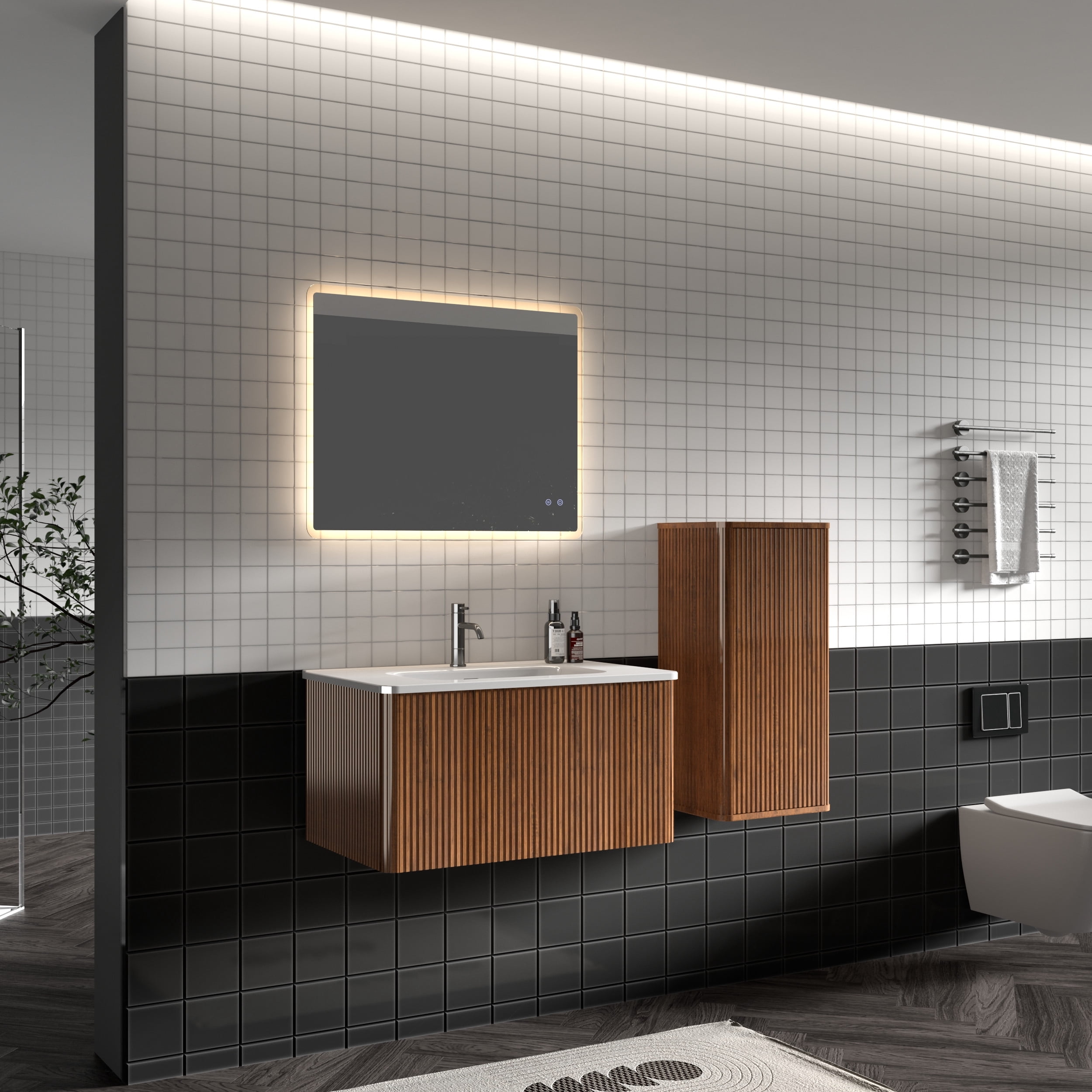 CITTANEO 30" Mid Century Bathroom Vanity with Sink, Modern Bathroom Cabinet with Push-Open Drawer, Walnut