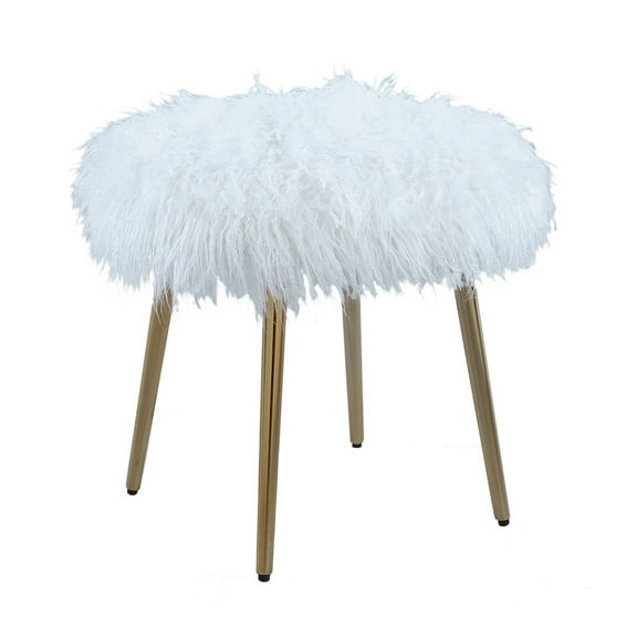 Roundhill Furniture Ravni Faux Fur Accent Ottoman in White/Rose Gold Legs