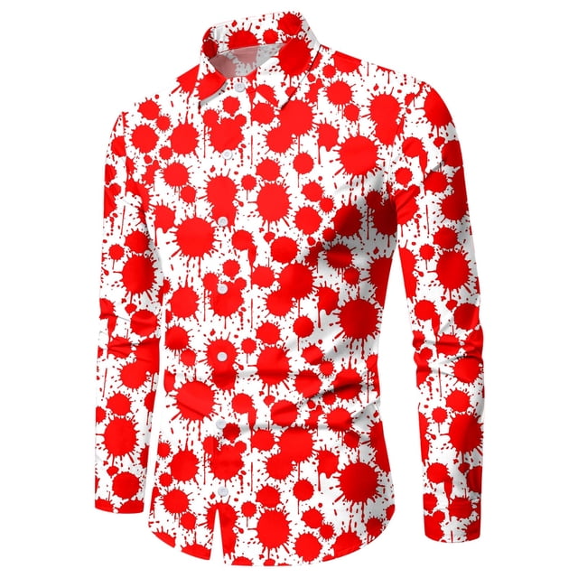 toraway Chemises Décontractées pour Hommes Été Chemise Imprimée Taches de Sang Manches Longues Col Rabattu L