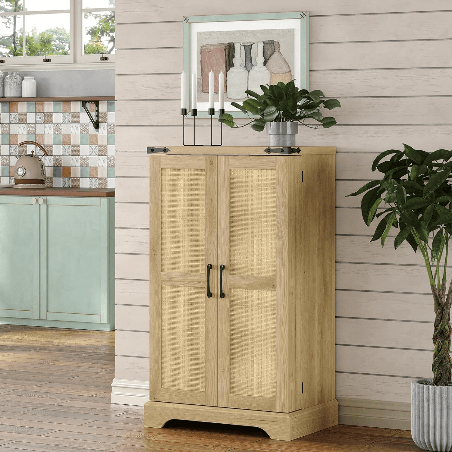 Storage Cabinet with Rattan Doors 24 inch Wide Pantry Cabinet Organizer Wood 23.5 inchW x 15.5 inchD x 41.5 inchH Cupboard Brown
