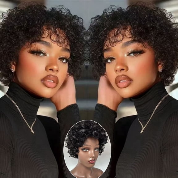 EAEABJ Pixie Cut Human Hair Wig with Bangs for Women, Natural Black Micro Curl Glueless