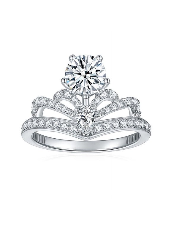 Women's Crown Style Diamond Engagement Ring, Round And Pear Cut Diamond Ring, Triple Row Pave Set Solitaire With Accents Ring, 14K White Gold Plated, 2.5 Ct Simulated Diamond