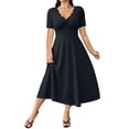 thumbnail image 2 of Ayolanni V-Neck Women Summer Dresses Solid Casual Short Sleeve Maxi A-Line Dress Fitted Waist Dressy Vacation Lace Patchwork Wedding Guest Sundress Black M, 2 of 9