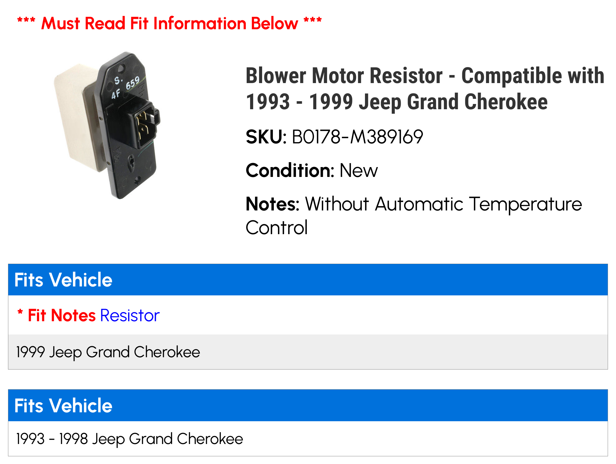 Blower Motor Resistor - Compatible with 1993 - 1999 Jeep Grand Cherokee 1994 1995 1996 1997 1998