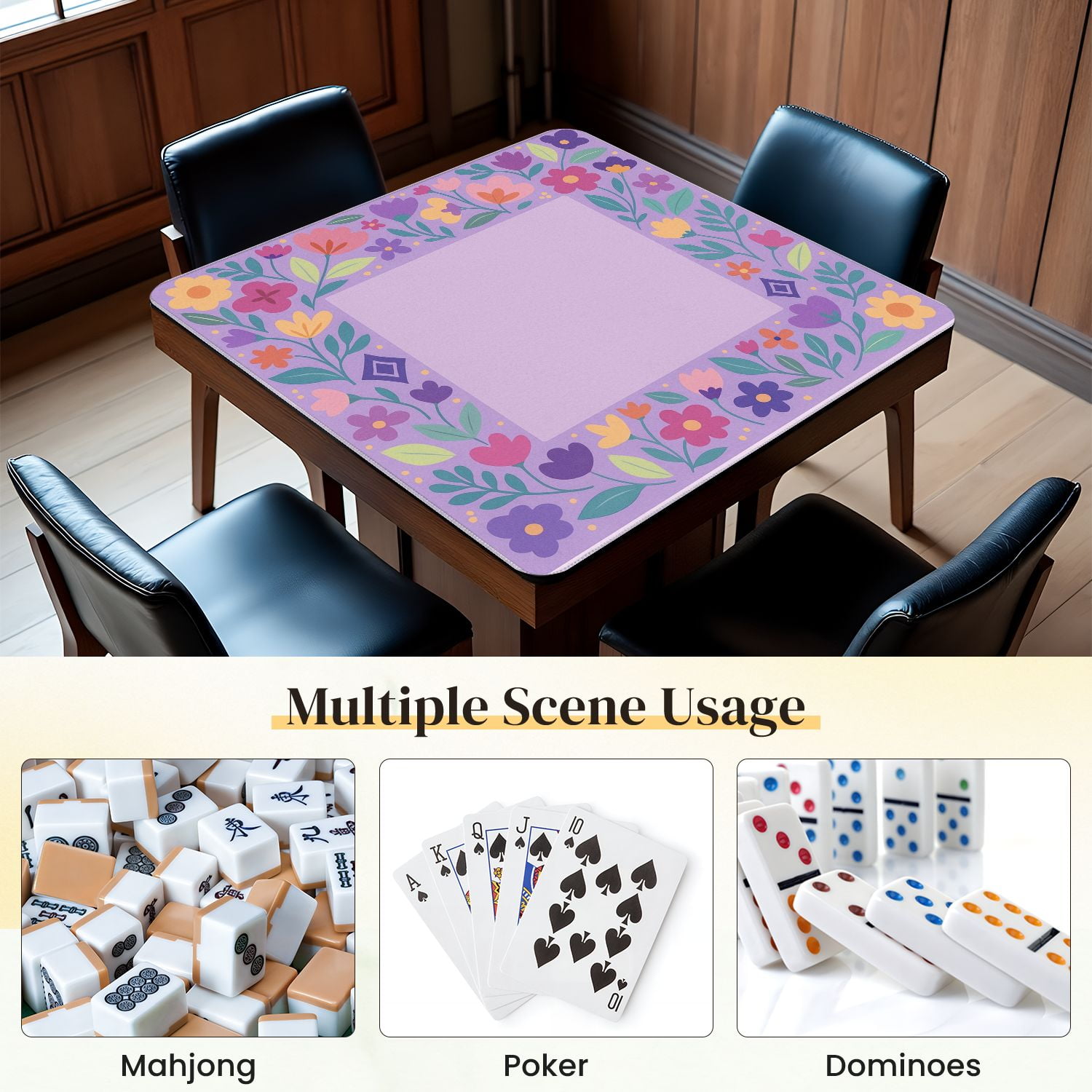 Mahjong Mat 31.5" x 31.5" Colorful Floral Frame Purple Vibrant Flower Anti-Slip and Noise Reduction Symmetry Design Mahjong Tiles Table Cover for Dominoes Poker Card Board and Tile Games