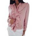 thumbnail image 5 of Women Ruffle Stitching Stand Collar Long Sleeve Button Chiffon Blouse Top, 5 of 5
