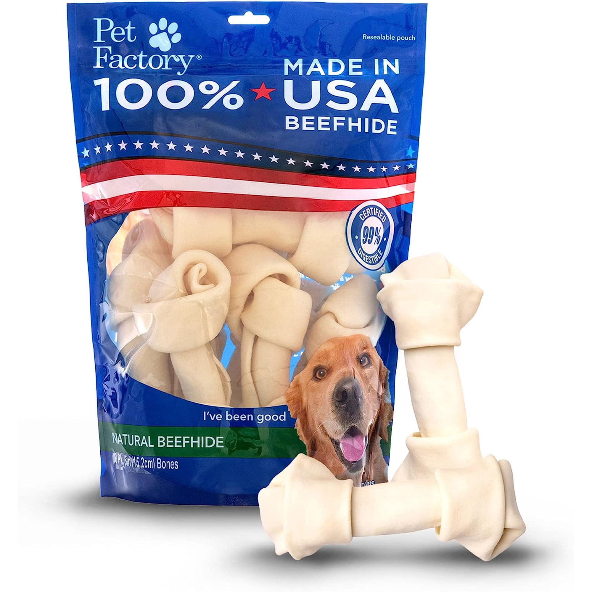 Pet Factory 100% Made in USA Beefhide 6-7" Knotted Bones Dog Chew Treats - Natural Flavor, 8 Count