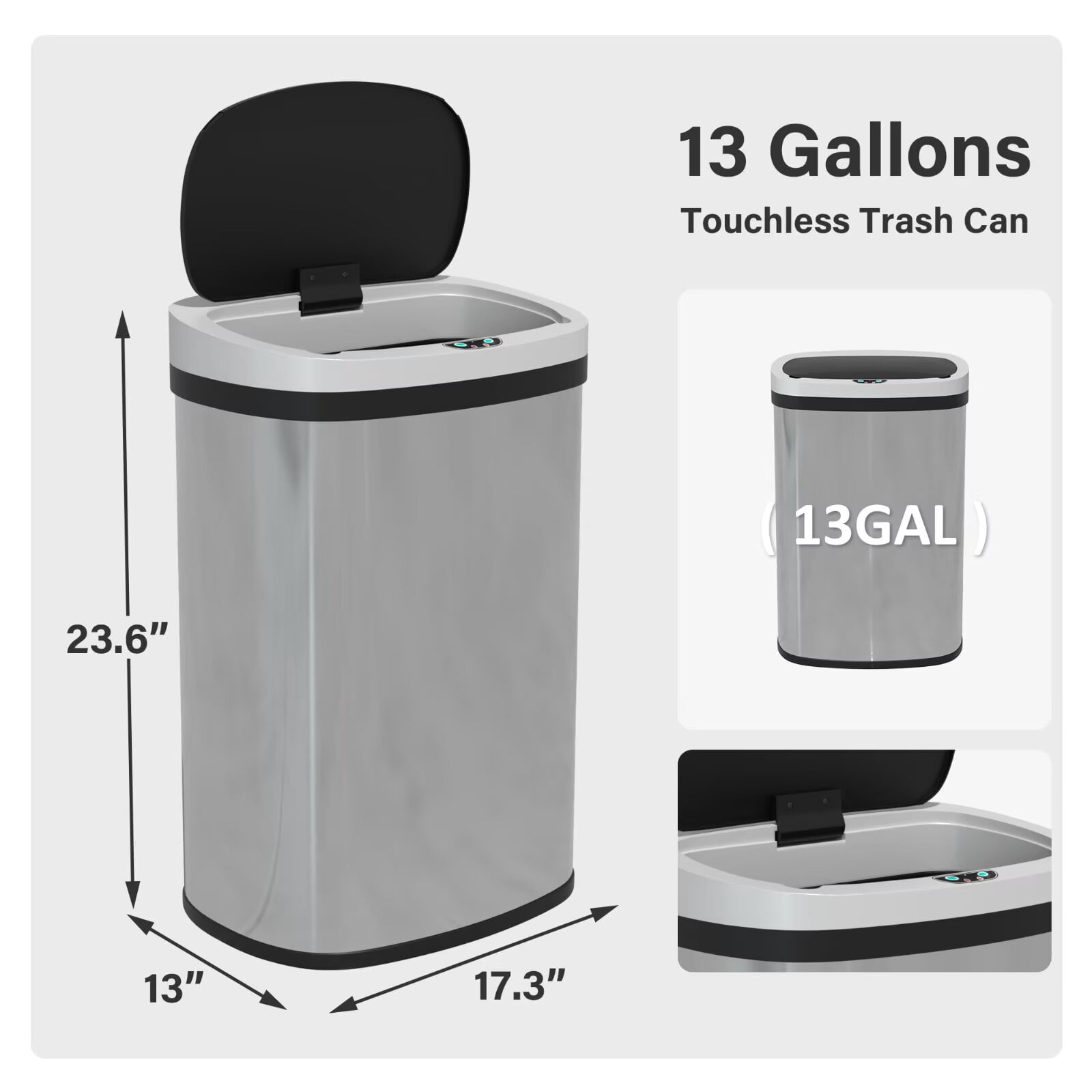 YRLLENSDAN 13 Gallon Touchless Stainless Steel Trash Can, Automatic Garbage Cans with Lid, Motion Sensor Wateproof Trash Bin for Kitchen Bedroom Bathroom Office, SS
