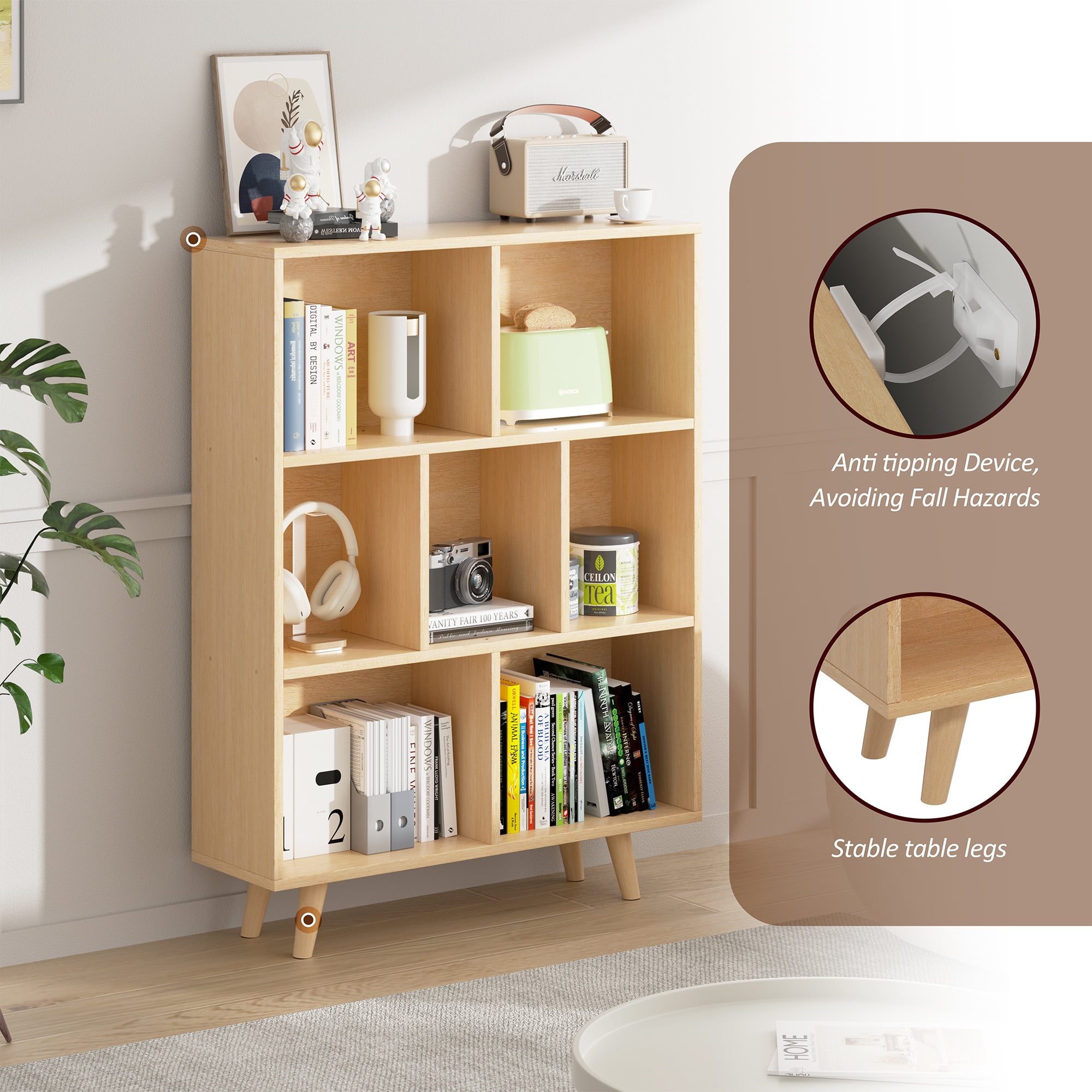 Walsunny Cube Bookcases Bookshelves 7 Cube Organizers with Legs 43" Tall Wooden Open Storage Display Bookshelf for Living Room Bedroom Office Natural Wood Color