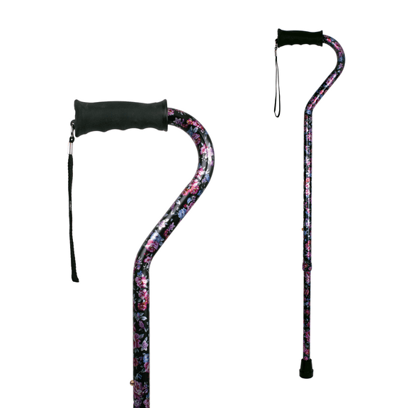 Carex Ergo Adjustable Offset Walking Cane for Women, Black Flower, 1 Count