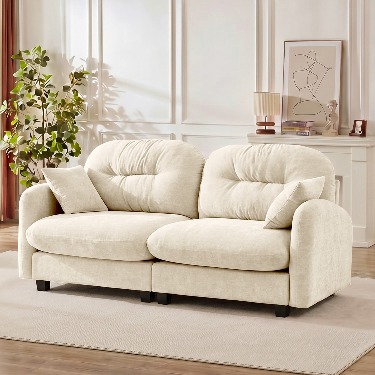 Modular Sectional Sofa Cloud Couch Loveseat Chenille Fabric Tufted Sofa Ergonomic 2-Seater Couch with Wooden Base for Living Room, Apartment, Beige
