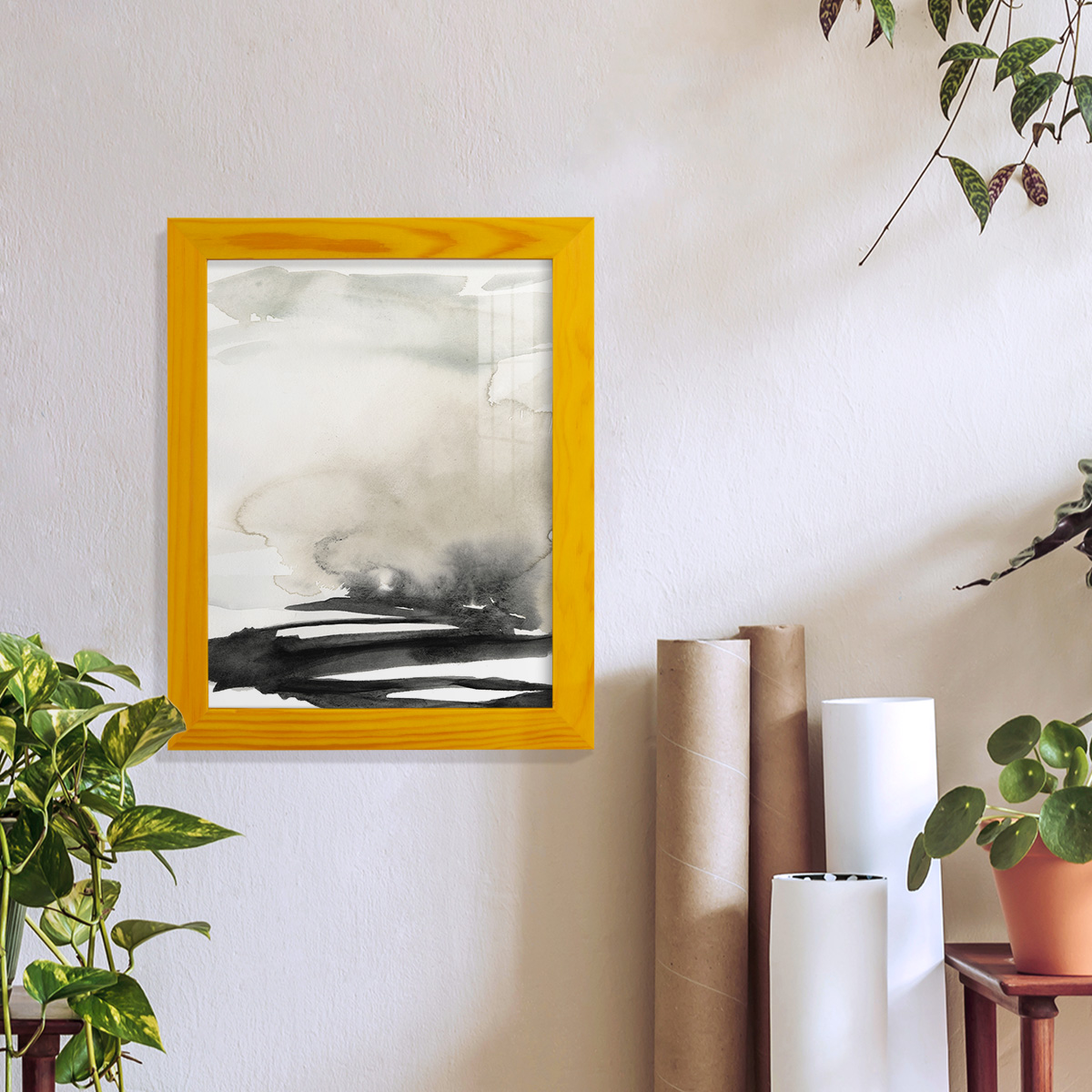 Ebony Horizon Triptych I - Framed Print w/glass - Sunflower Yellow