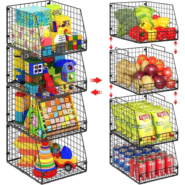 Paquete de 4 cestas de almacenamiento de alambre apilables XXL, organizador y almacenamiento de despensa de capacidad extra grande, multiusos para cestas de frutas y verduras, organizador de