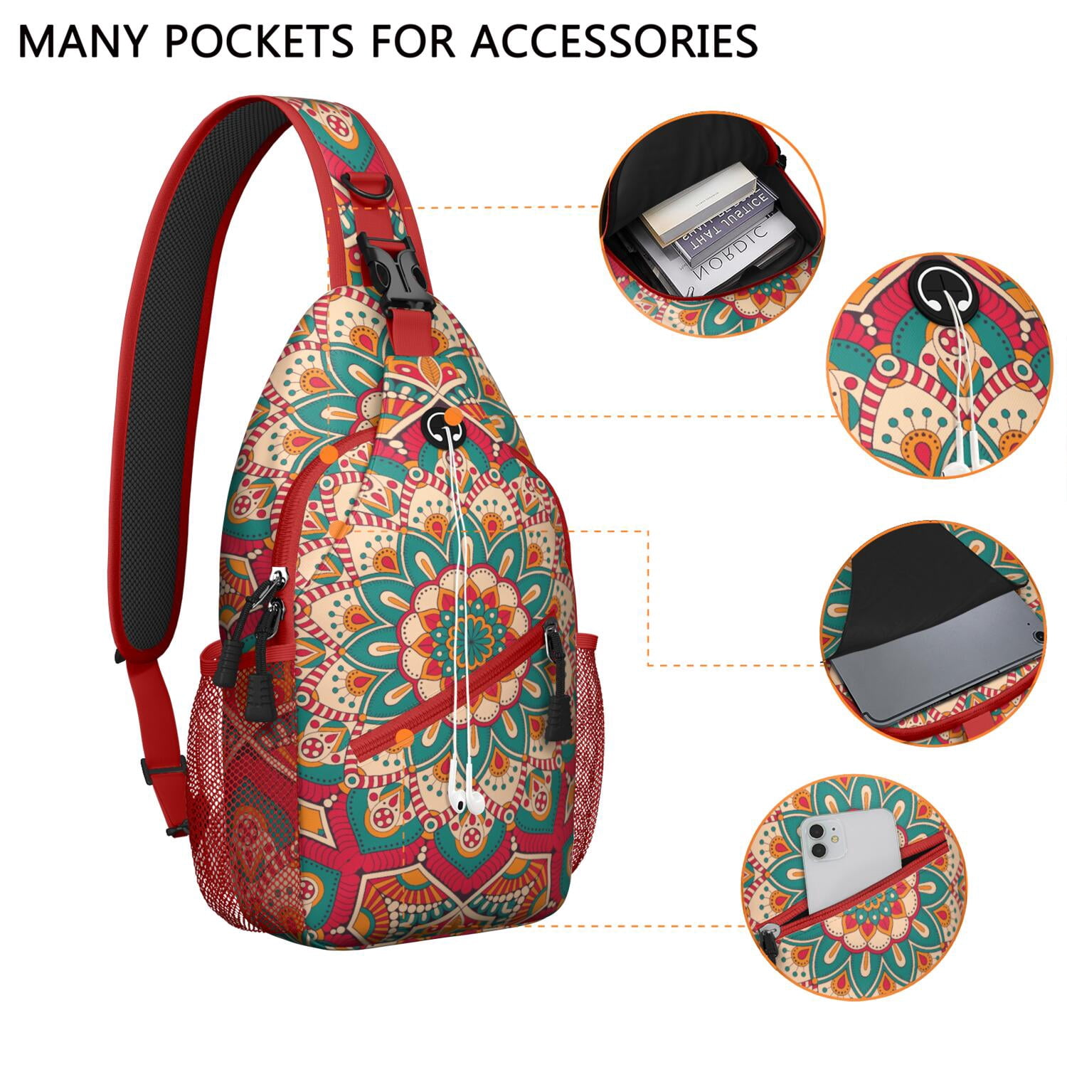 Artistic Spiritual Mandala Crossbody Bag Geometric Ornamental Abstract Zen Chest Pack Travel-Ready Lightweight Backpack for Men & Women